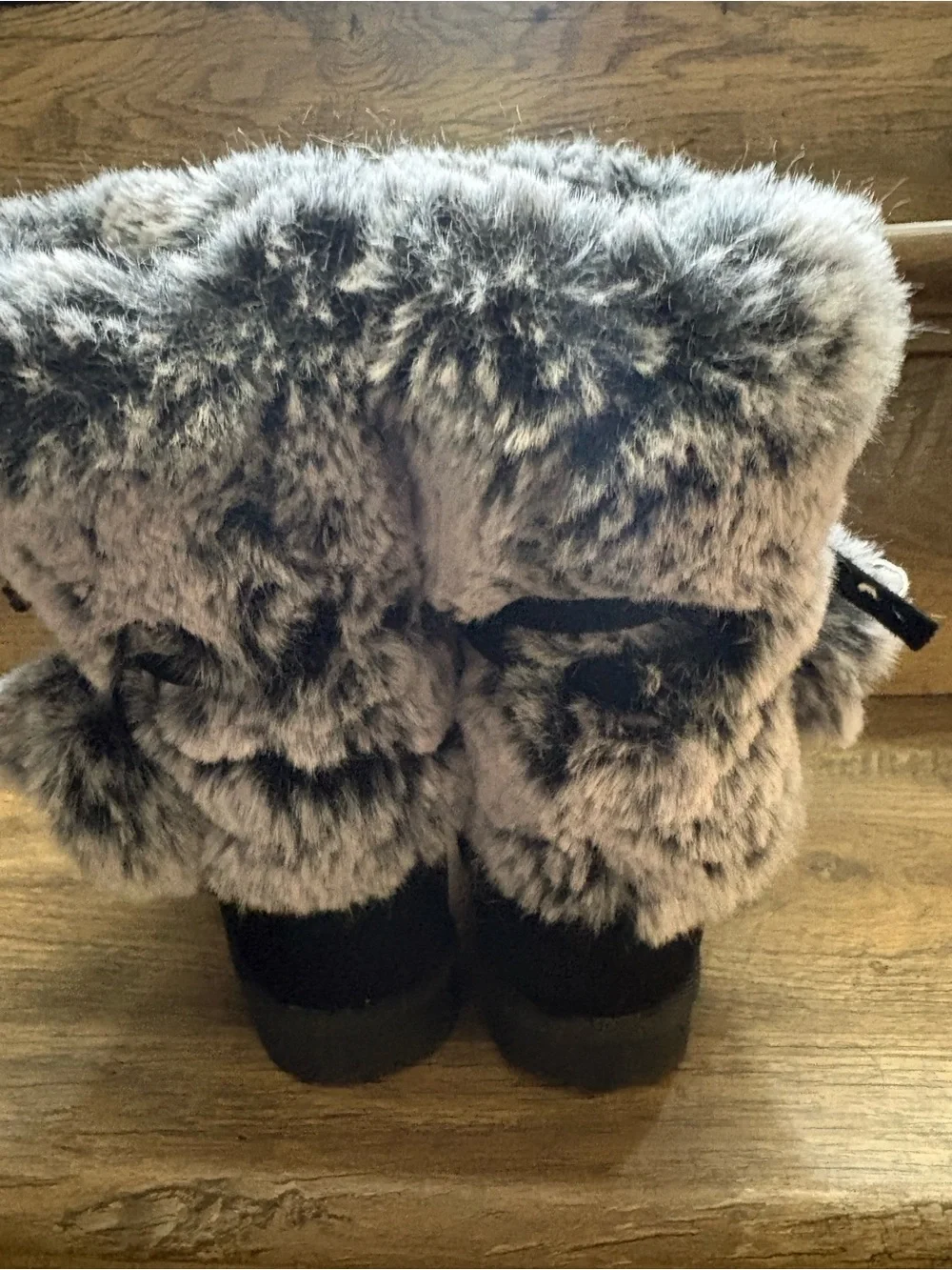 Girls' Black Boots with Gray Faux Fur Cuff and Pom-Poms